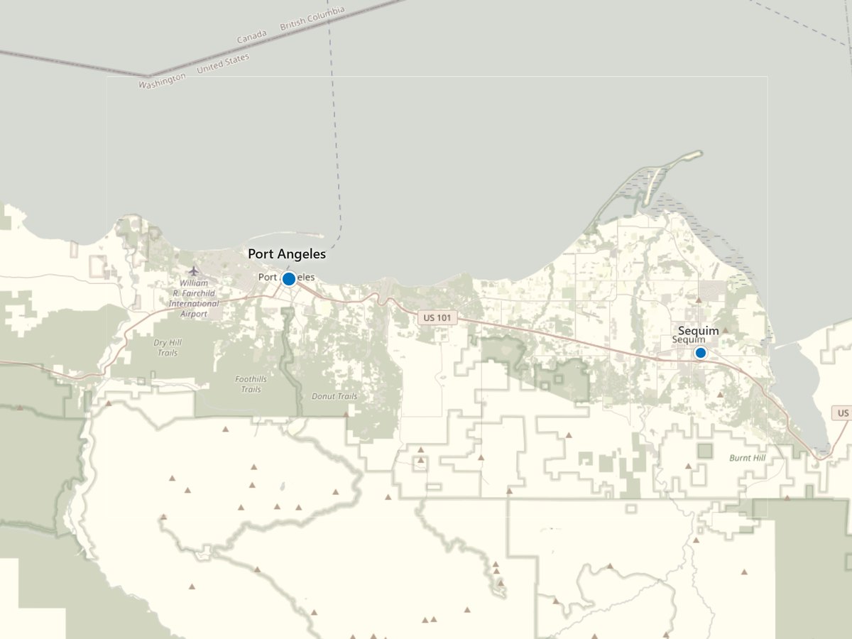 Map of the north Olympic Peninsula showing Port Angeles and Sequim along US 101, between the Strait of Juan de Fuca and the Olympic foothills.